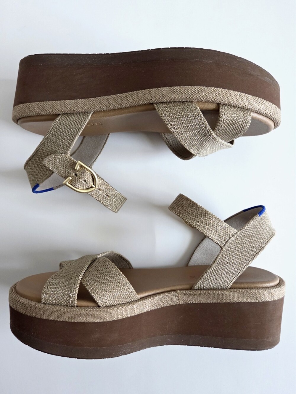 Rothy's Criss-Cross Metallic Gold/ Tan & Camel Platform Sandals, Size 6 - Picture 8 of 16
